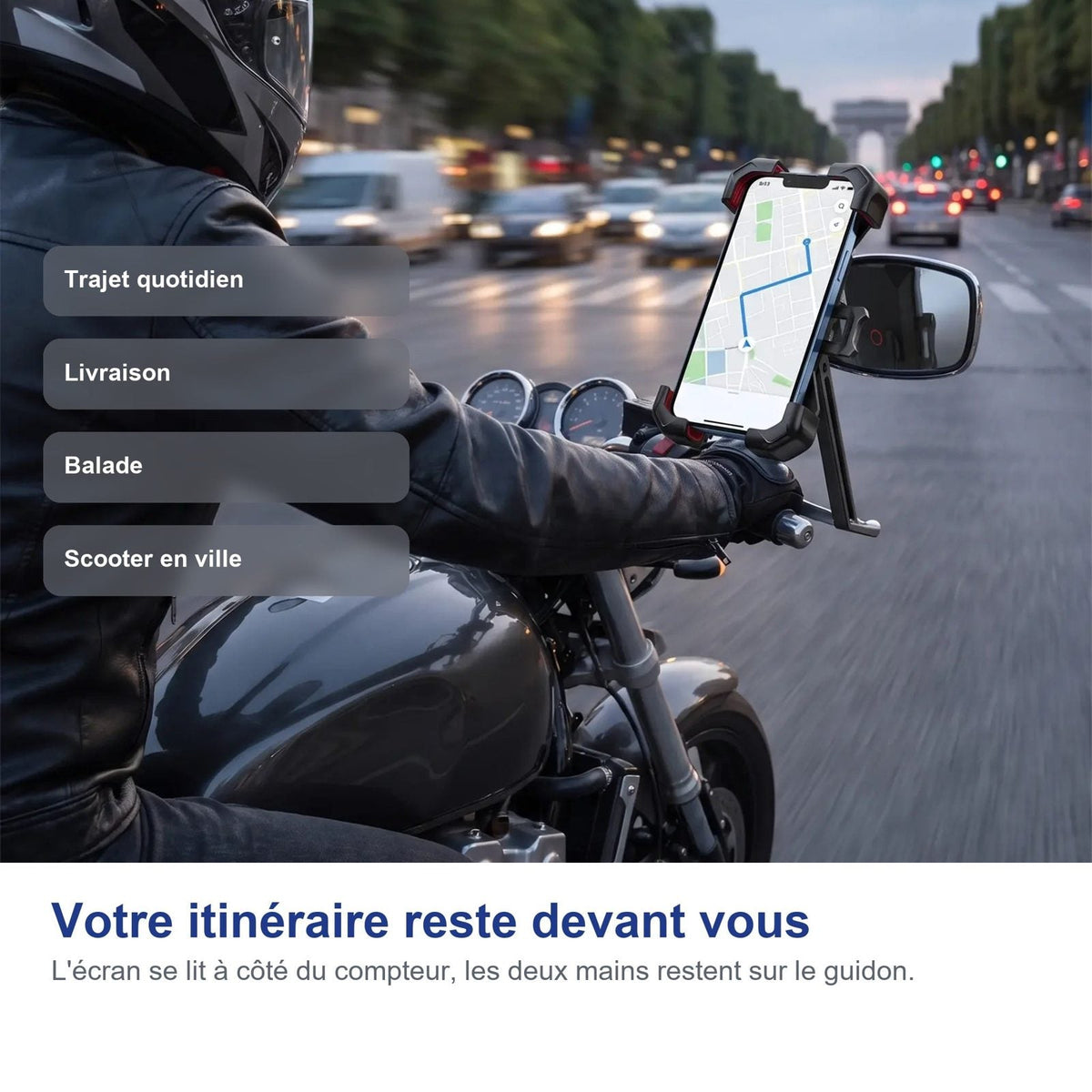 Motociclista in città con il telefono montato sotto lo specchietto