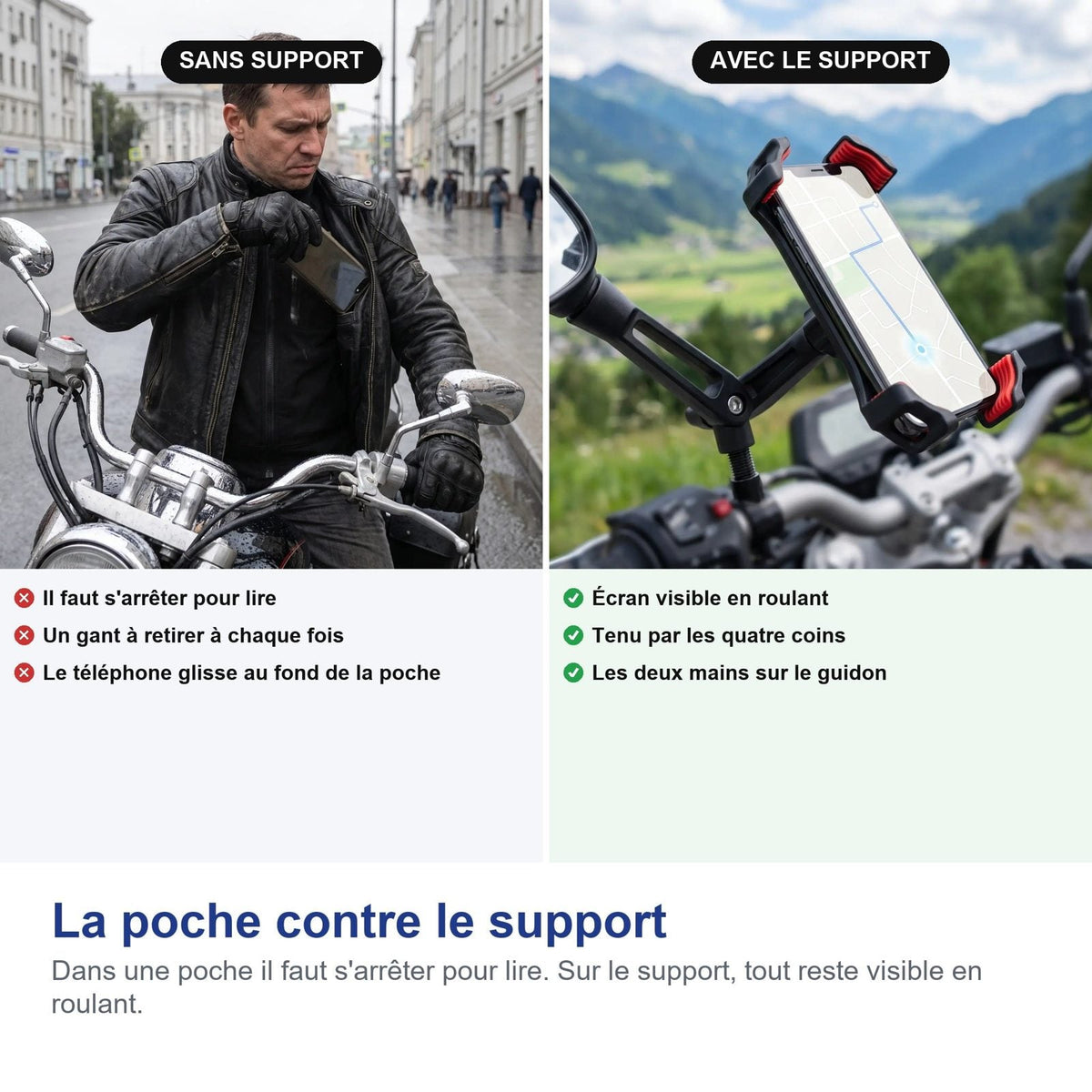 Il telefono tirato fuori dalla tasca a confronto con il telefono montato sul supporto