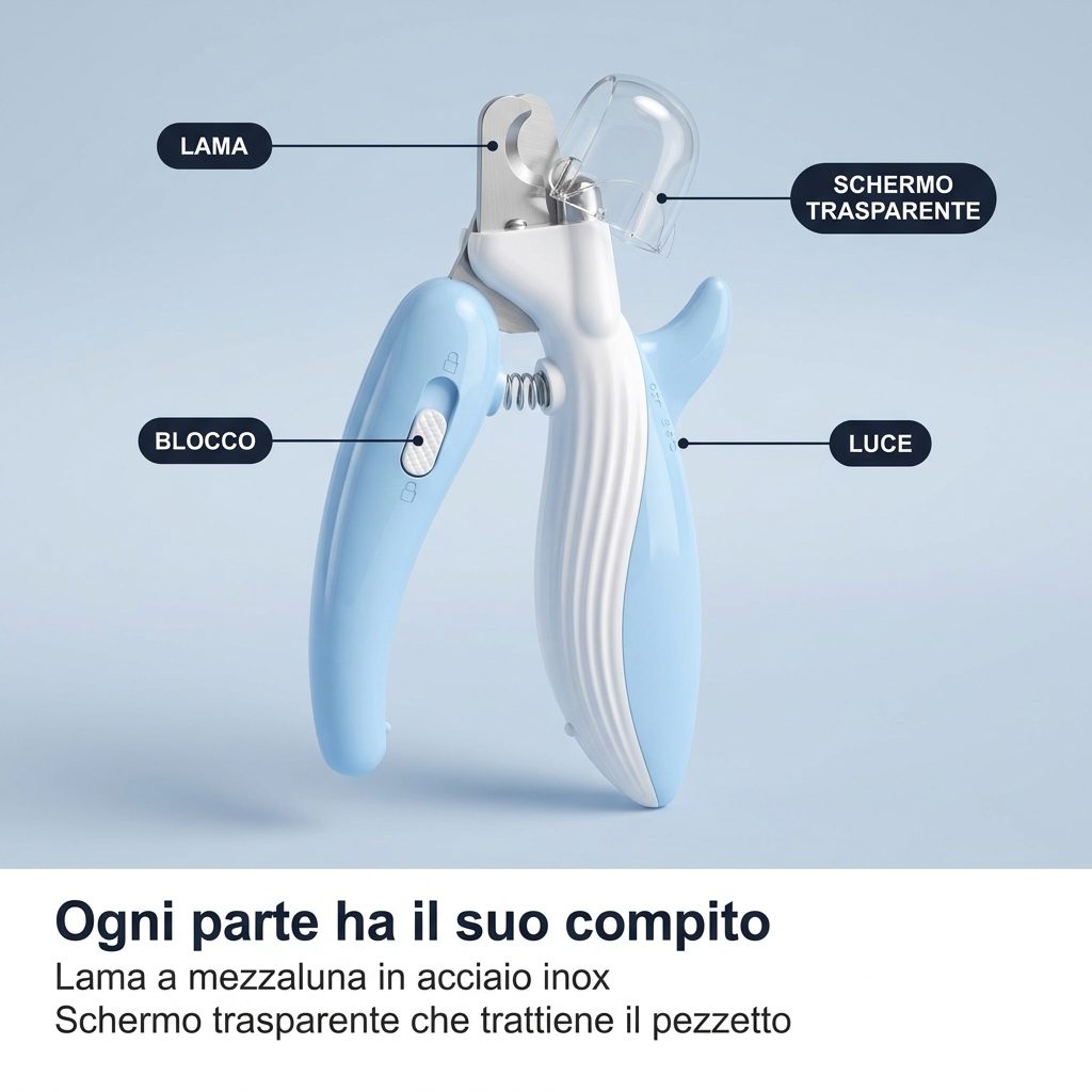 Le parti del tagliaunghie LED: lama, schermo trasparente, blocco e luce