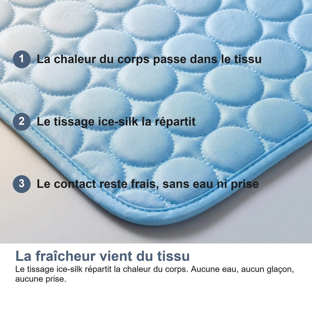 La freschezza viene dal tessuto ice silk del tappetino, senza gel né corrente