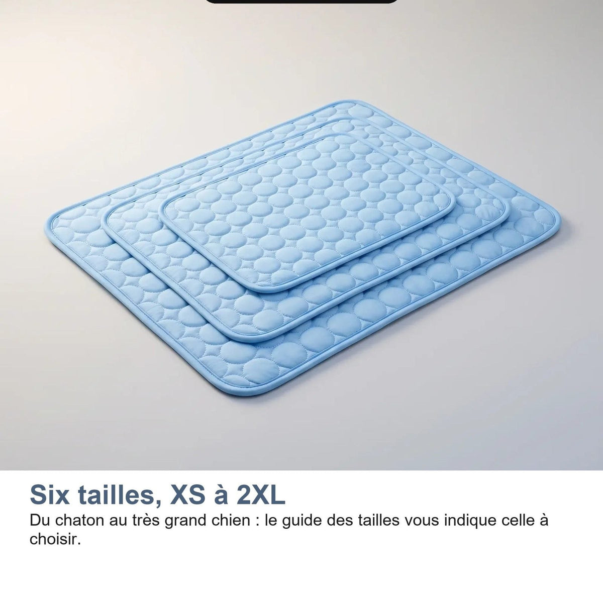 Le sei taglie del tappetino rinfrescante, da XS a 2XL, con le misure in centimetri