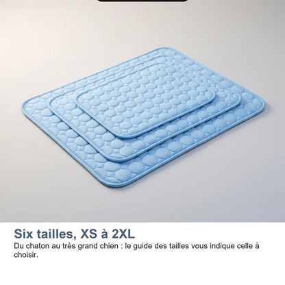 Le sei taglie del tappetino rinfrescante, da XS a 2XL, con le misure in centimetri