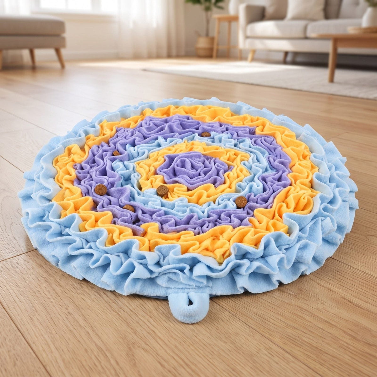 Tappeto olfattivo per cane e cucciolo, rotondo 35 cm in pile, colore blu giallo e viola