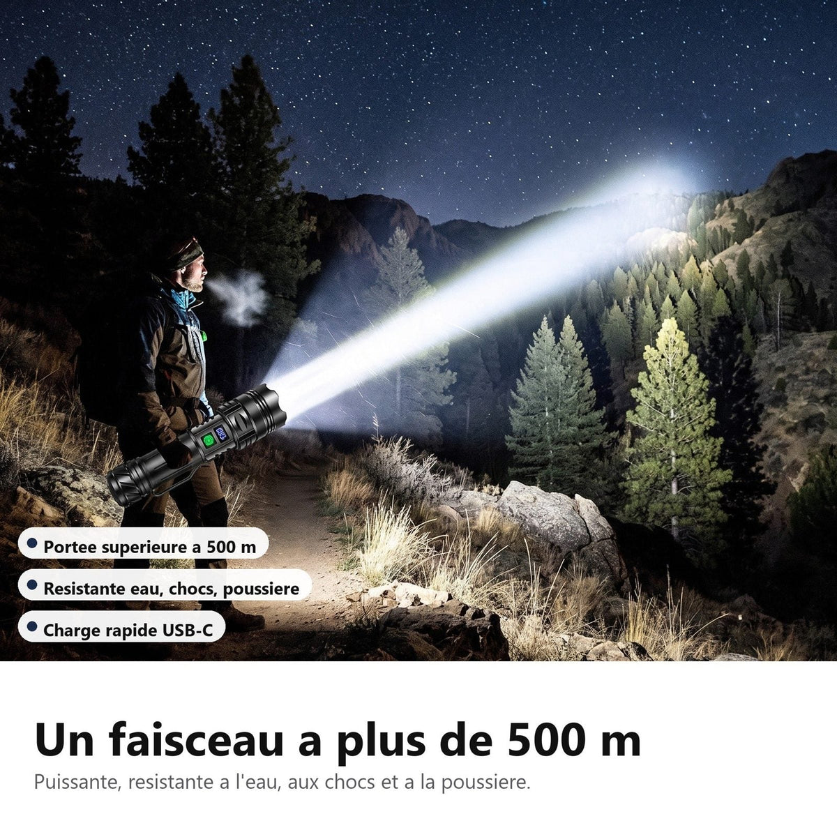 Fascio oltre i 500 m, torcia resistente