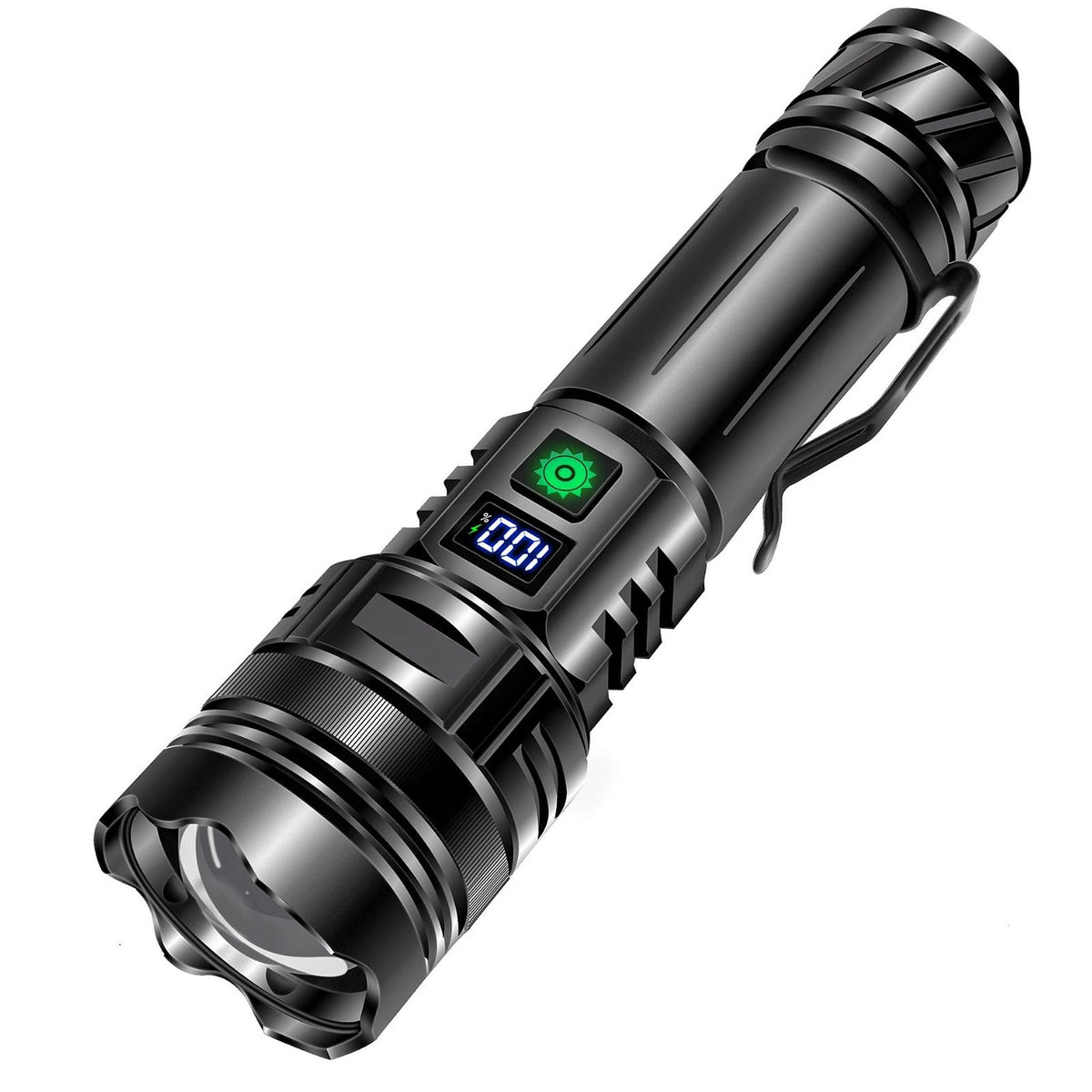 Torcia LED ricaricabile potente con testa zoomabile e display LCD