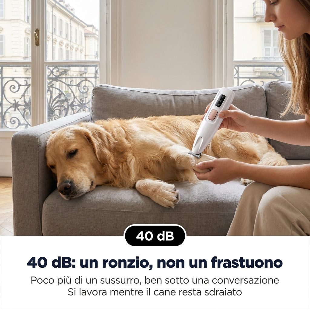 Tosatrice per zampe silenziosa a 40 dB, usata con il cane sdraiato