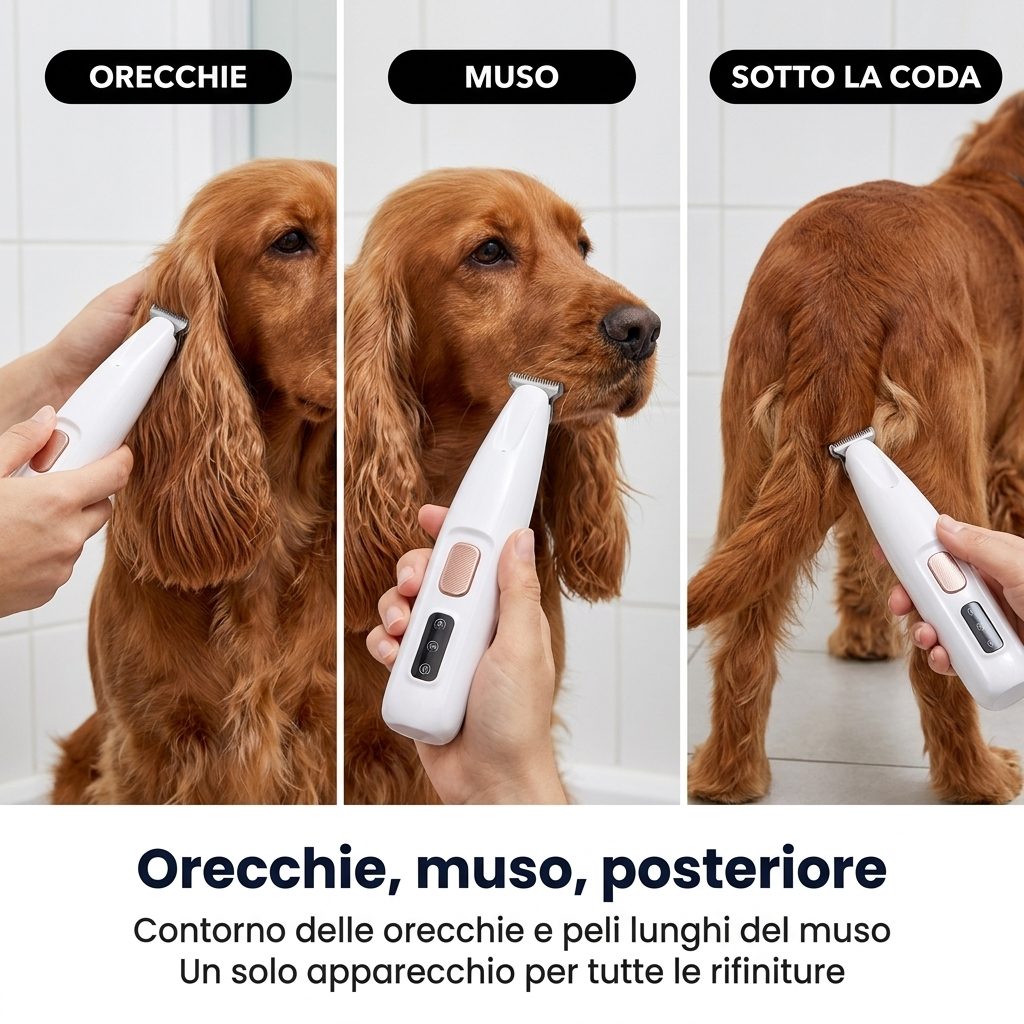La tosatrice usata su orecchie, muso e posteriore del cane