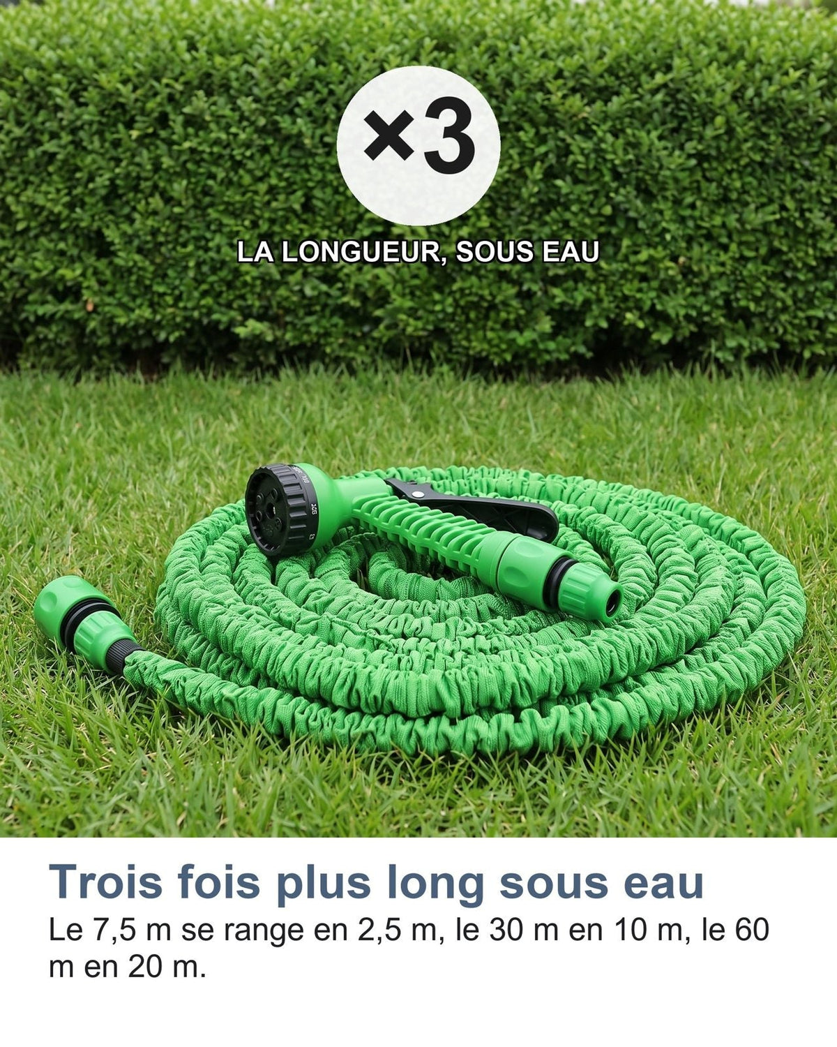 Tre volte più lungo con l'acqua: il 7,5 m si ripone in 2,5 m, il 30 m in 10 m, il 60 m in 20 m