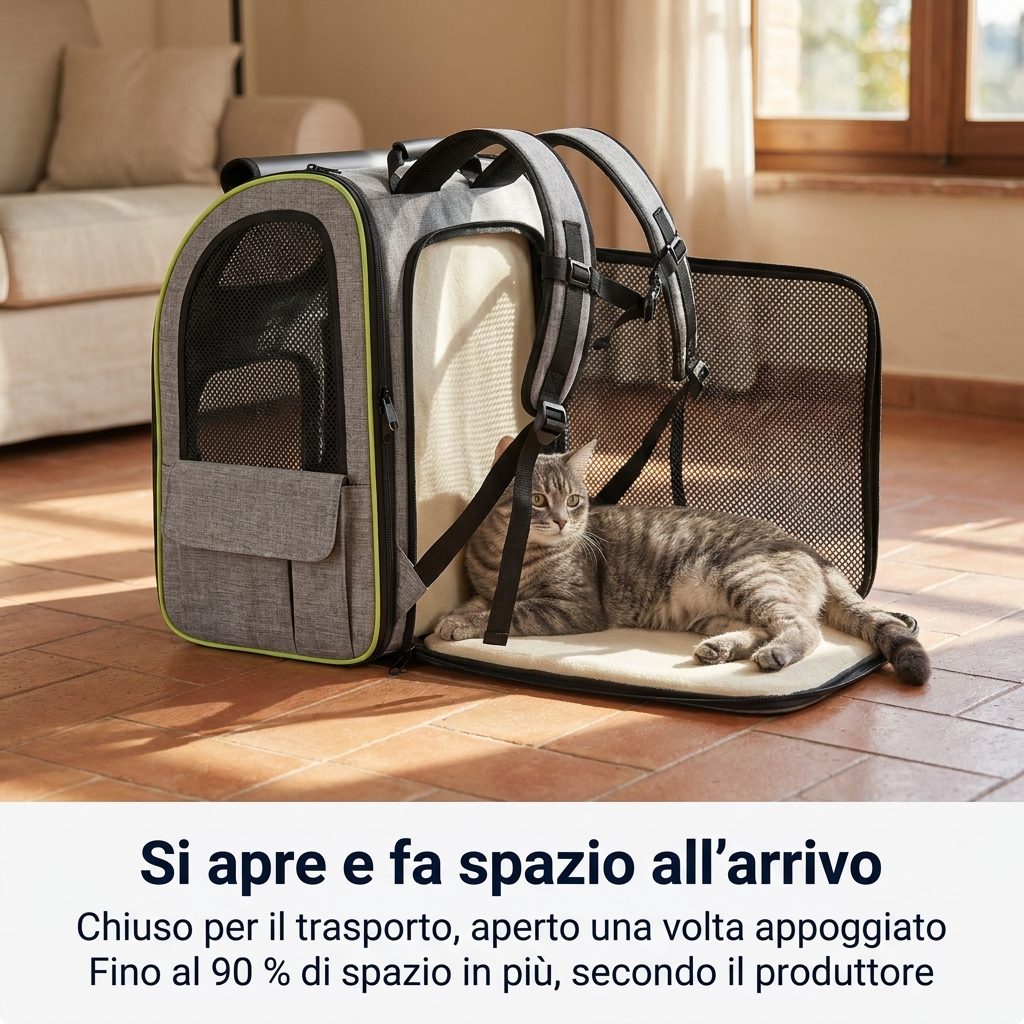 Lo zaino trasportino gatto con l'estensione aperta