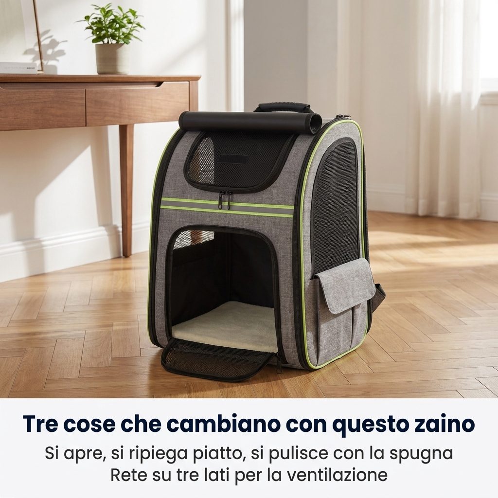 Lo zaino trasportino gatto appoggiato in un ingresso