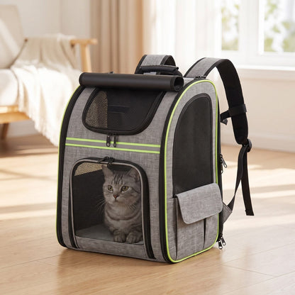 Zaino trasportino gatto espandibile grigio e verde con un gatto all'interno